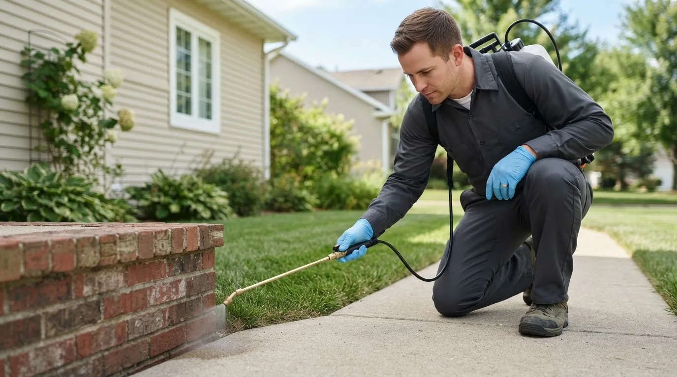 Pest control technician treating a home near Taftville, CT