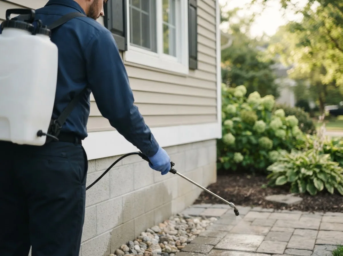 Pest control technician inspecting a home in Taftville, CT